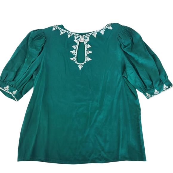 Miss D By Oscar de la Renta Emerald Silk Blouse White Embroidery Vintage 8 - Picture 10 of 12